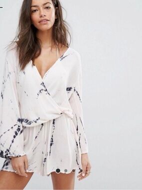 White Tie-Dye Wrap Romper